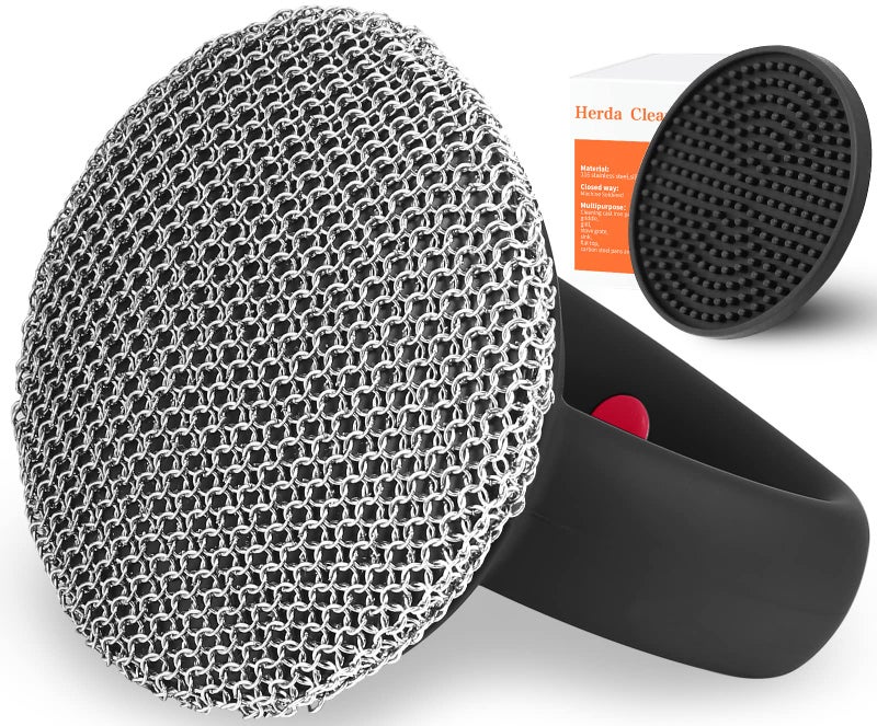 Herda Cast Iron Cleaner Scrubber+Tray with Handle, Welded Chainmail Scrubber for Pan Pot Grill Oven Wok Cleaning- Small Ring Chain Scrub Metal Scraper Brush Iron Skillet Steel Wool Scrubber Steel Sponge - Image 1